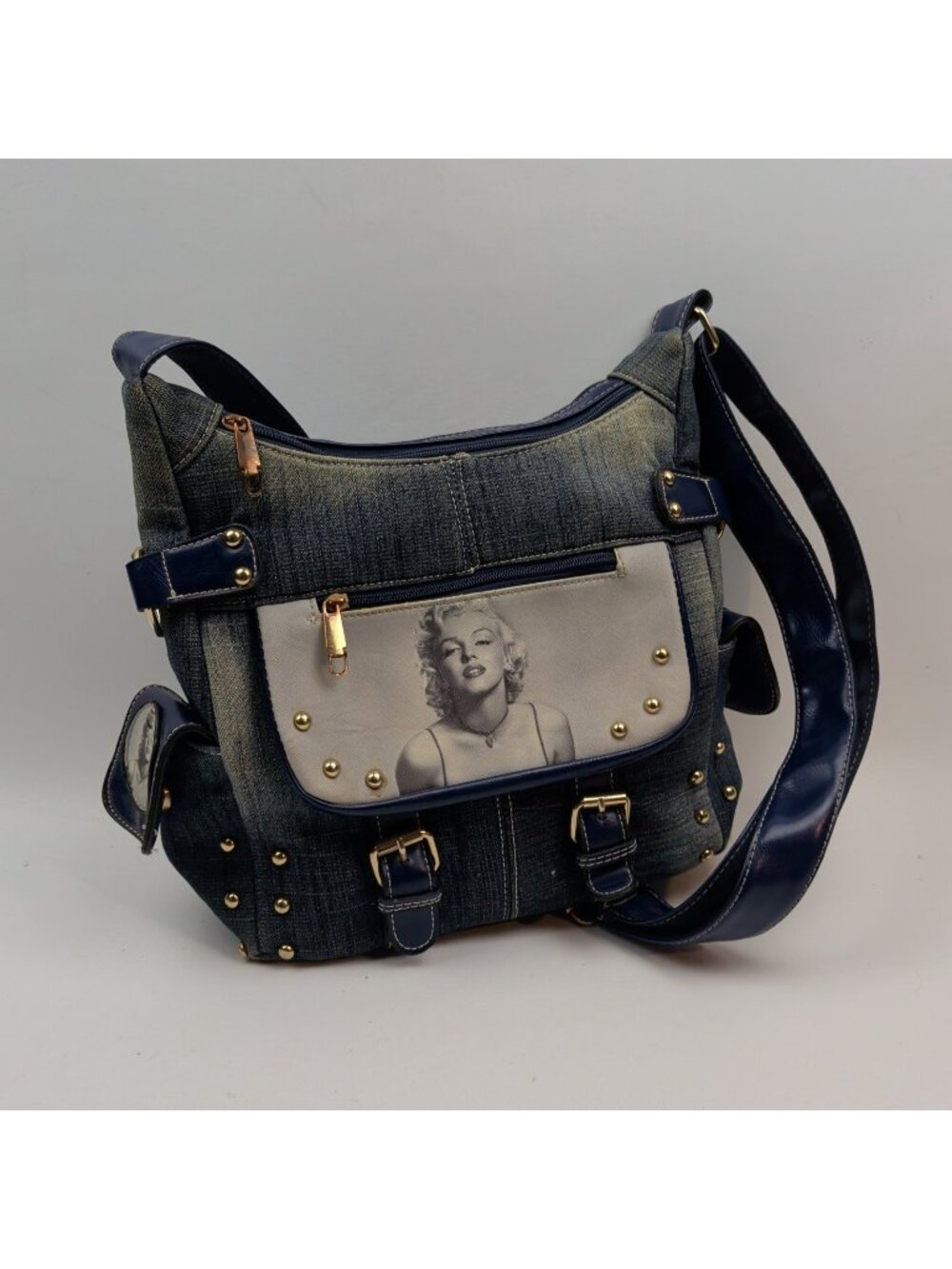 Y2K Marilyn Monroe Distressed Denim Shoulder Bag Purse Mcbling Glam Studded 2000